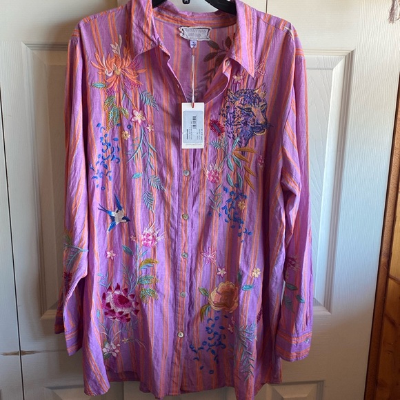 Johnny Was NWT INDALO Boho Embroidered Button Down Long Sleeve Tunic Blouse XL - Picture 3 of 16